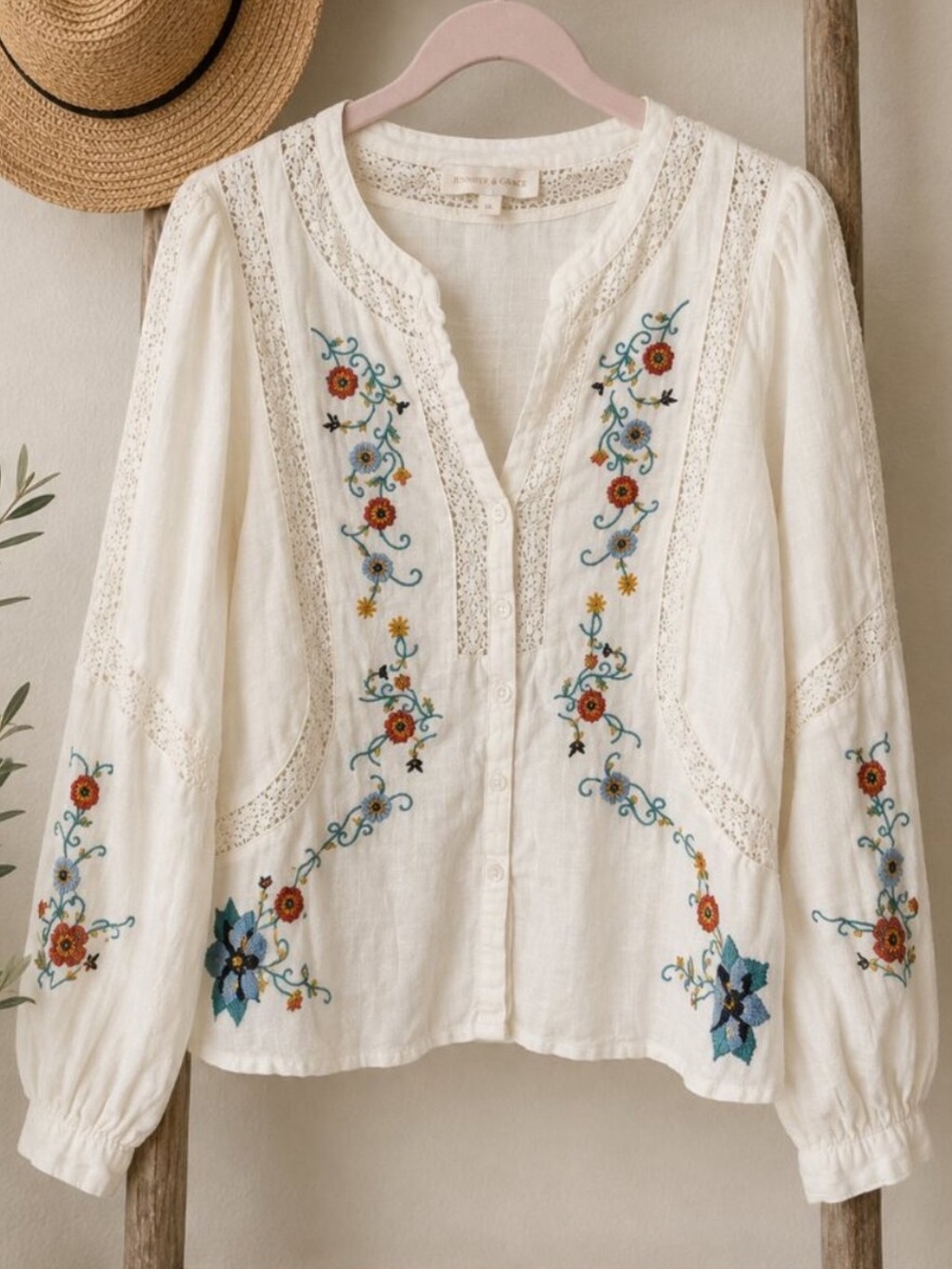 JENNIFER & GRACE Off White Cross stitch embroidery Long Sleeve Blouse Shirt M - Picture 2 of 5